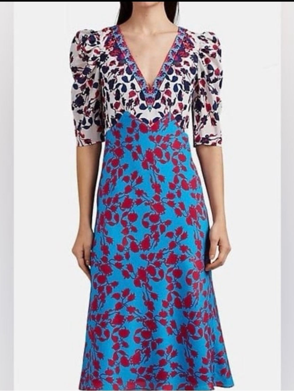 SALONI Two-Tone Floral V-Neck Midi Dress in Blue and Red